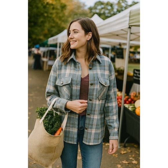 Dazy Blue Plaid Shacket Button Front Long Sleeve 100% Polyester Women's XL - Picture 2 of 10
